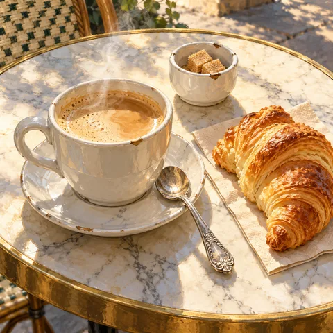 A cup of steaming café au lait, an embossed silver spoon, a flaky croissant, and a small sugar bowl on a round marble bistro table in morning sunlight.