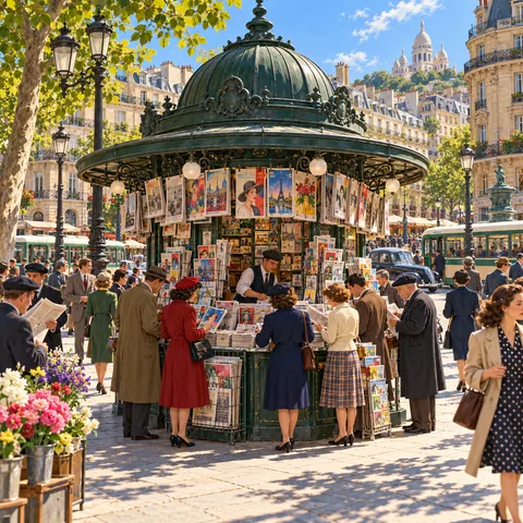A round green newspaper kiosk hung with illustrated magazines on a sunlit Parisian square, surrounded by browsing commuters, with vintage buses in the background.
