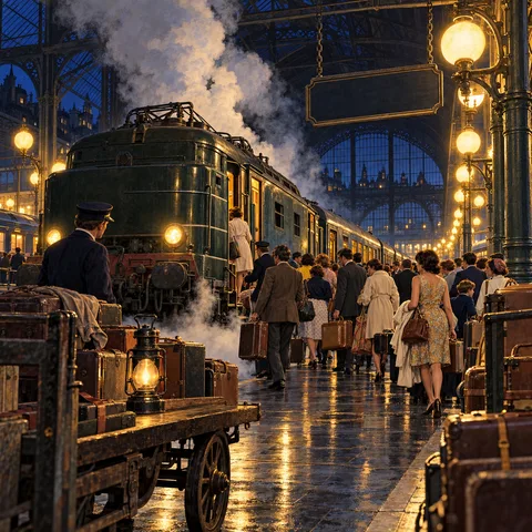 A crowded train station platform at night where passengers board a dark green locomotive under an iron vaulted roof, with a lit lantern on a luggage cart in the foreground.