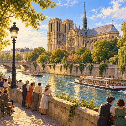 Sunlight illuminates Notre-Dame Cathedral across the Seine, where tour boats glide on the water while pedestrians along the Left Bank watch from the stone parapet.