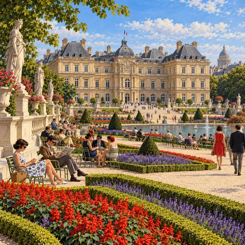 Afternoon view of the Palais du Luxembourg across geometric flowerbeds of red salvia, with visitors resting on garden chairs beside a stone queen statue.