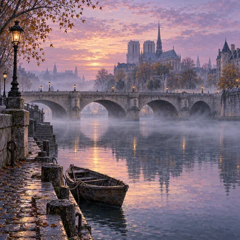 A stone arched bridge across the misty River Seine at dawn, with a wooden rowboat moored along the cobblestone quay beneath glowing street lamps and a lilac sky.