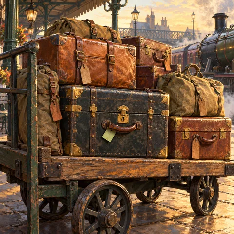 A wooden baggage trolley loaded with vintage leather suitcases and canvas duffel bags on a sunlit station platform beside a steam locomotive.