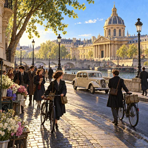 Students with bicycles walk along the sunlit quayside past a flower stall and a vintage cream car, with the Institut de France across the river.