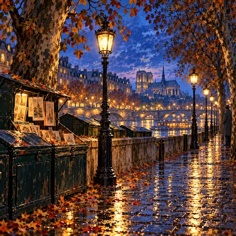 Gas lamps illuminate wet cobblestones beside green bookstalls along the Seine at twilight, while a man in a grey coat watches from the trees.