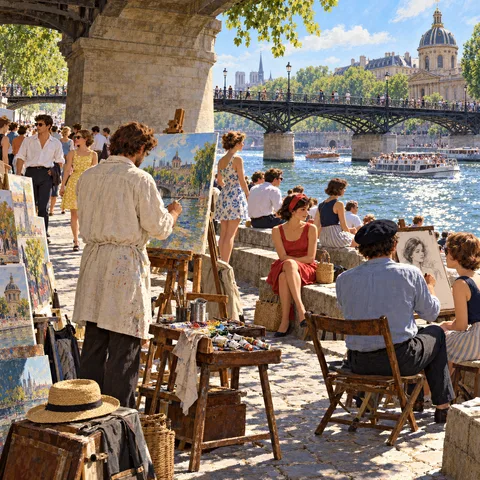 Painters and sketch artists work along the sunny stone quayside beneath the Pont des Arts, with strollers and riverboats on the Seine.