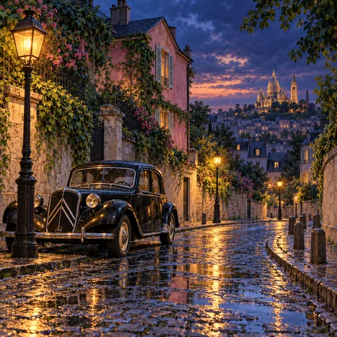A vintage black car parked on wet cobblestones along Rue de l'Abreuvoir at dusk, reflecting glowing streetlamps and the distant Sacré-Cœur basilica.