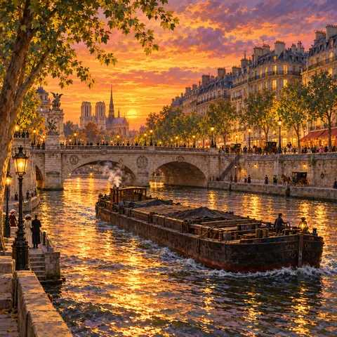 A freight barge travels down the Seine beneath Pont Saint-Michel at sunset, with golden light reflecting on the water and Notre-Dame cathedral in the distance.