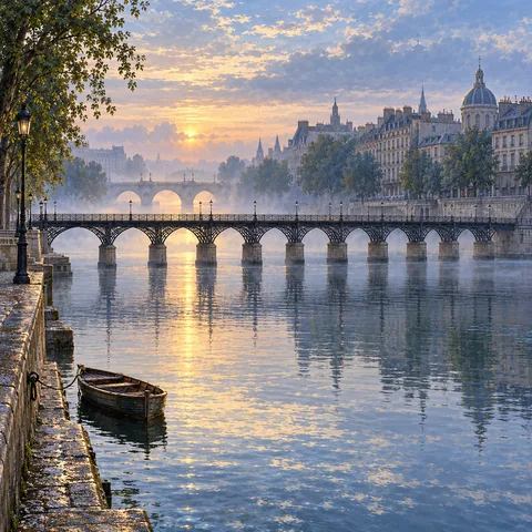 A wide view of the Pont des Arts footbridge over the Seine at sunrise, with morning mist, Paris rooftops in the haze, and a small wooden rowboat moored along the stone quay.