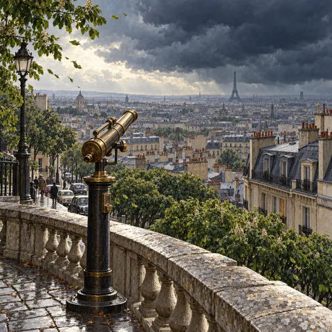 A brass tourist telescope on a stone terrace overlooking Paris rooftops and the distant Eiffel Tower under gathering dark storm clouds.