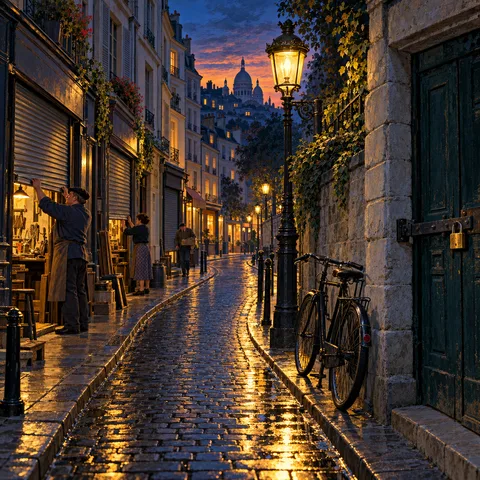 Cobblestones glow beneath an ornate streetlamp as shopkeepers pull down metal shutters on a narrow Paris street at dusk, with a bicycle parked by a green door.