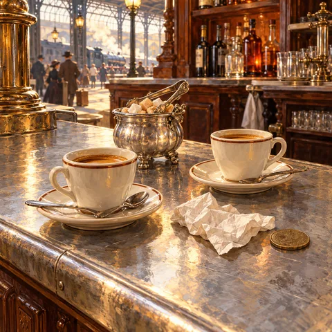A zinc bar counter with two porcelain espresso cups on saucers, an ornate silver sugar bowl with tongs, a crumpled napkin, and a brass coin.