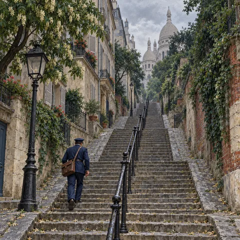 A postman climbs the long stone staircase of Rue Foyatier toward the domes of Sacré-Cœur beneath an overcast morning sky.