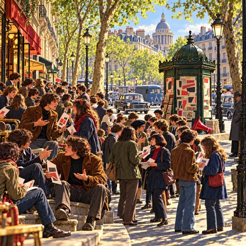 Parisian students in corduroy jackets debate on a boulevard beside a poster-covered kiosk with a red megaphone, as a man in a grey coat watches from the edge.