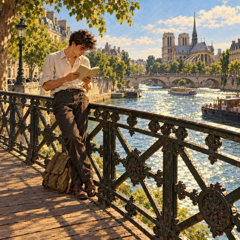 A young man in a white linen shirt leans on a bridge railing reading a book, with a canvas backpack on the deck and Notre-Dame across the Seine.