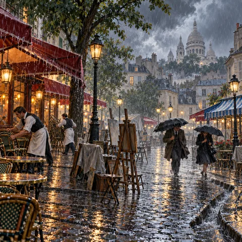 A sudden summer downpour soaks Place du Tertre in Montmartre, where waiters move cafe chairs under awnings while rain streams past wooden easels toward Sacré-Cœur.