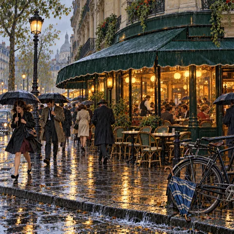 A rain shower over Café de Flore with pedestrians holding black umbrellas, warm glowing windows, and a blue striped umbrella leaning against a bicycle.