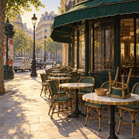 Sunlight illuminates the outdoor terrace of a Parisian café with green awnings, marble tables, and woven wicker chairs, including one upturned beside a bread basket.