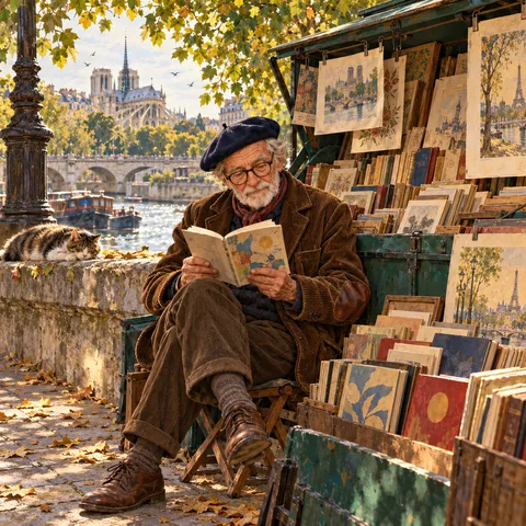 An elderly French bookseller in a beret and spectacles reads a book beside his green parapet stall, while a cat sleeps on the sunlit stone wall overlooking the Seine.