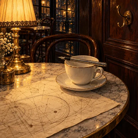 A round marble cafe table lit by a brass lamp, holding an empty porcelain cup with a silver fountain pen across the rim and an ink drawing.
