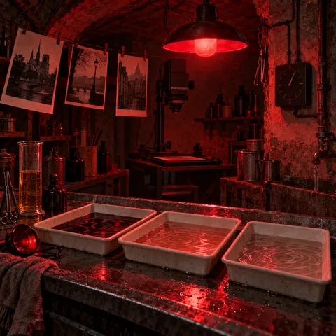 Three porcelain trays on a zinc darkroom counter glow under a red safelight, beside a glass measuring graduate and hanging prints.