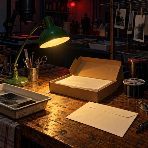 A green desk lamp lights an open box of photographic paper and a blank cream envelope resting on a wooden darkroom worktable.