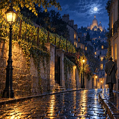 A man in a long grey coat walks away down a wet cobblestone street at night, carrying a leather drafting tube on his shoulder beneath the glowing dome of Sacre-Coeur.