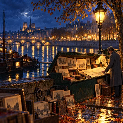 A man in a grey coat and fedora reads an unrolled map at an illuminated riverside bookstall along the Seine at night, with Notre-Dame cathedral across the water.