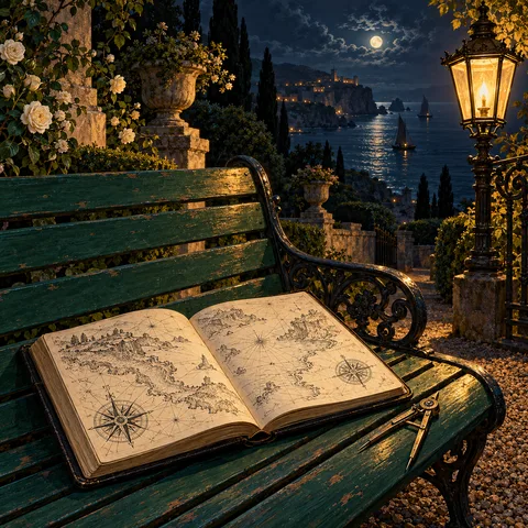 An open leather sketchbook of hand-drawn coastal maps and a brass drafting compass lie on a green park bench at night under a glowing lantern.