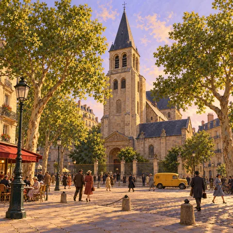 The Romanesque stone bell tower of Saint-Germain-des-Prés church rises above a sunlit square framed by plane trees, with pedestrians and a yellow van near the church gates.
