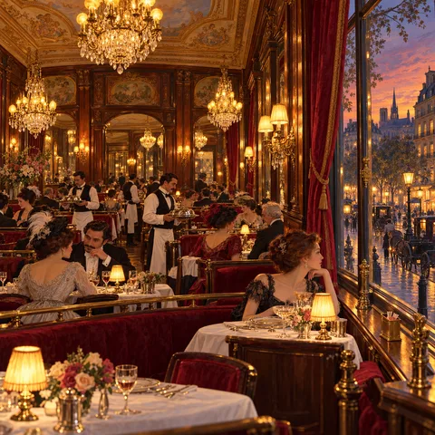 An opulent dining salon with glowing crystal chandeliers, red velvet booths, and patrons dining as the sunset over Paris glows through a tall window.