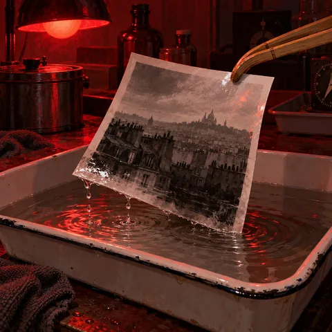 Bamboo tongs lift a dripping black-and-white print of Paris rooftops from an enamel developing bath under a red darkroom safelight.