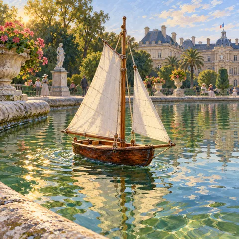 A wooden toy sailboat with white linen sails floats on a sunlit pond in the Luxembourg Gardens, with the palace in the background.