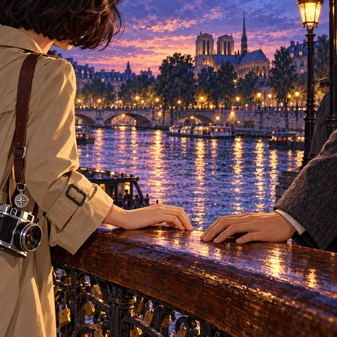 Two hands rest inches apart on a wooden bridge railing above the Seine at dusk, with Notre-Dame glowing in the distance.