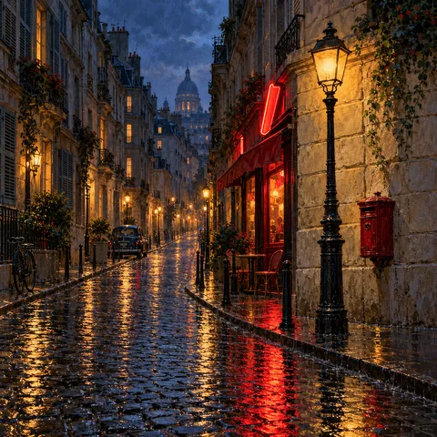 A rain-slicked cobblestone street at dusk lined with Parisian townhouses, glowing streetlamps, a red-lit cafe with an awning, and a vintage red postbox.