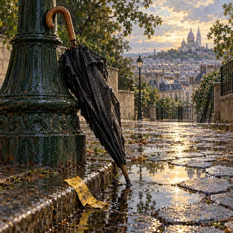 A wet black umbrella leans against a green cast-iron lamppost beside a soaked yellow ticket, with rain-washed cobblestones reflecting the evening sky and Sacré-Cœur.