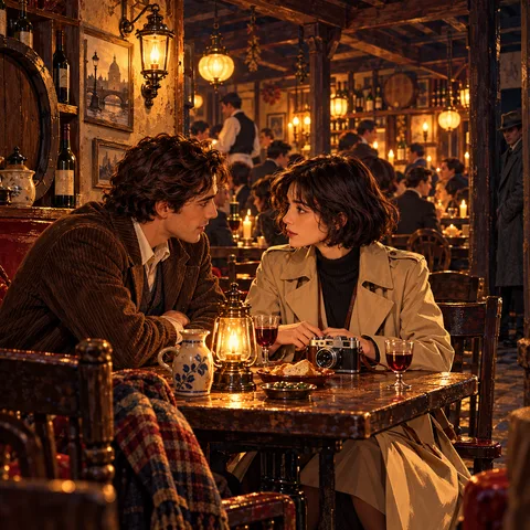 Ada and a dark-haired young man sit together at a wooden tavern table illuminated by a brass lantern, surrounded by wine glasses and a bustling room.