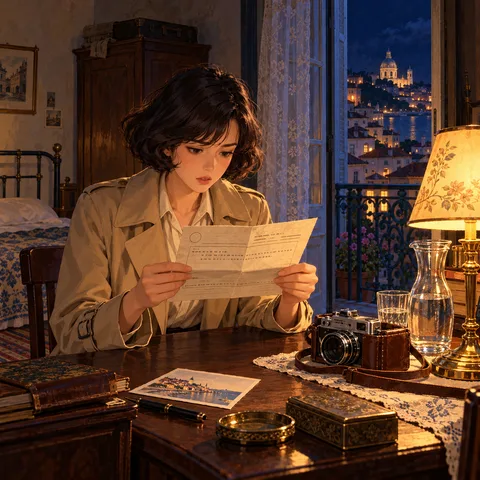 Young Ada Hollis in a trench coat sits at a wooden desk under a glowing lamp, reading a folded telegram by an open balcony overlooking night-lit Lisbon.