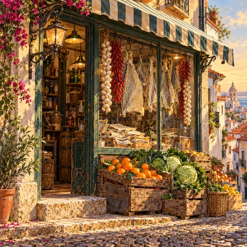 A traditional Lisbon grocery with a striped awning, crates of oranges and cabbages outside, and dried salt cod and braided garlic hanging in the window.