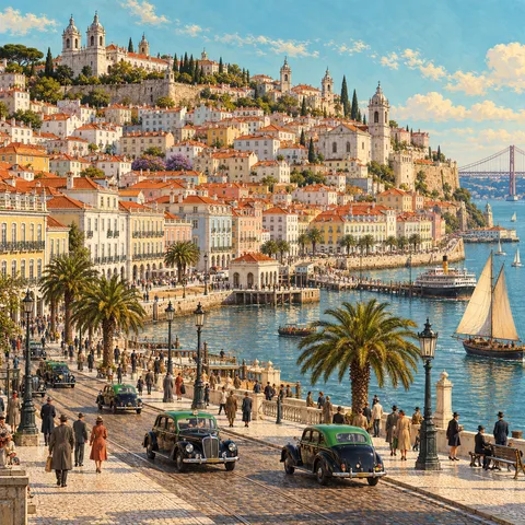 A sunlit Lisbon avenue with vintage green-and-black taxis and pedestrians, looking up at whitewashed houses and church towers clustered across the steep Alfama hillside.