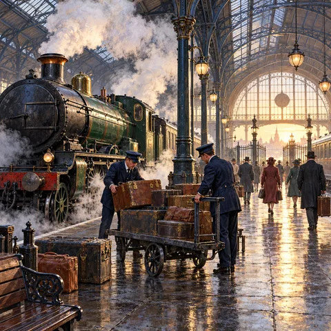 A dark green steam train resting under an arched iron railway concourse as two porters load luggage onto an iron handcart on a sunlit morning platform.