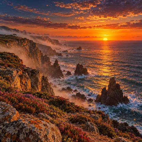 A bright setting sun sinks into the Atlantic Ocean beside high rocky cliffs and sea stacks along the coast of Cabo da Roca at sunset.