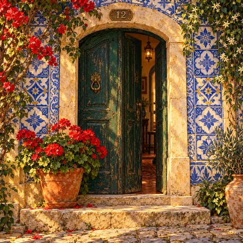 A weathered green arched doorway set in blue azulejo tiles with red geraniums on the stone step and a brass number twelve above the frame.