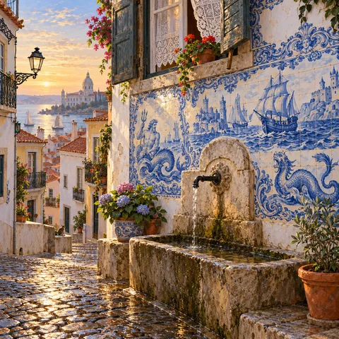 A stone fountain and blue-and-white azulejo tile wall depicting ships and sea creatures on a cobbled Lisbon street overlooking the river in morning light.