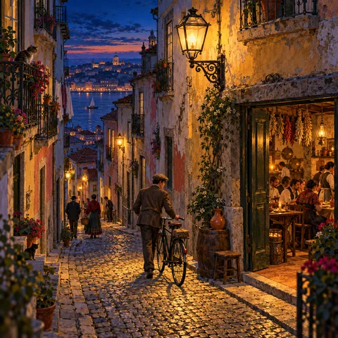 A man walks his bicycle down a steep cobblestone street in Bairro Alto at dusk past a warm tavern doorway and an ornate wrought-iron lantern, with the river glowing below.