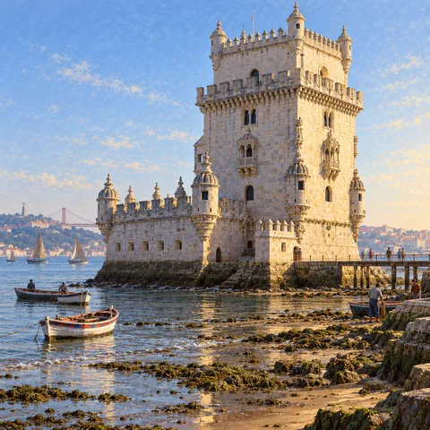 The pale limestone fortress of Belém Tower stands over the Tagus estuary under morning light, with wooden skiffs floating at low tide.