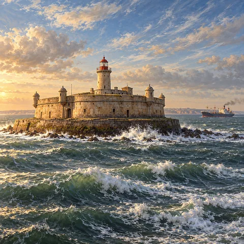 A circular stone fortress and lighthouse surrounded by crashing waves in an estuary under a cloudy sky, with a distant cargo ship on the horizon.