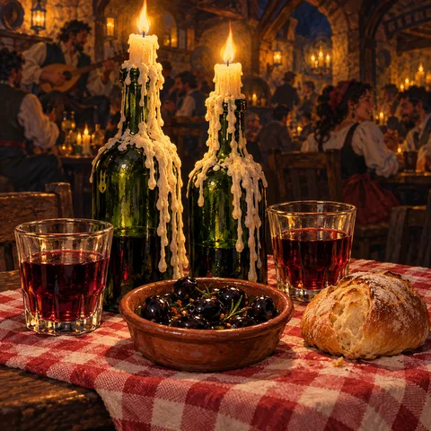 Two wax-covered wine bottle candlesticks on a red-and-white checkered tablecloth beside glasses of red wine, an earthenware dish of black olives, and crusty bread.
