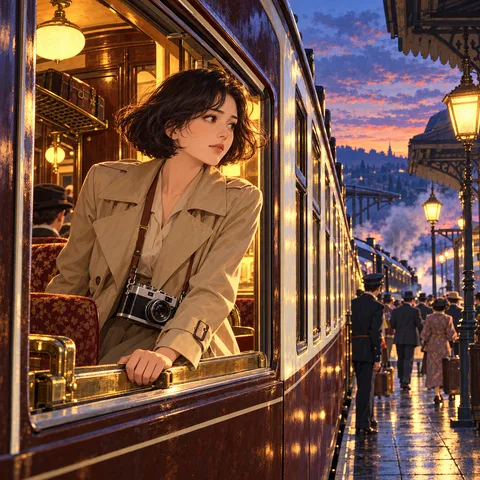 A young woman with short dark hair in a beige trench coat looks out a vintage train carriage window onto a bustling station platform at dusk.