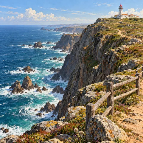 Sheer granite cliffs plunge into turquoise ocean waves beside a clifftop dirt path with a wooden fence, leading toward a distant whitewashed lighthouse with a red dome.